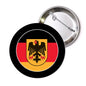 Round Germany pinback button with German flag eagle shield graphic, black border