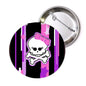 1.25-inch pirate skull pinback button; purple bow and crossbones on striped black/purple