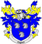 Coat of arms pinback badge with blue shield, unicorns, and decorative flames
