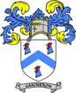 Enamel family crest pin with GAIGNERON ribbon banner, blue and yellow shield design