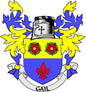 Gail family crest coat of arms magnet with blue shield, fleurs, and red fleur-de-lis