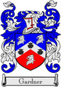 Gardner family crest pinback with blue and red shield, white ribbon, and cross details