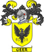 Geer crest arms magnet: yellow shield with black eagle and “GEER” banner