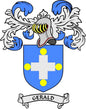 Gerald family crest pinback: blue shield with white cross and banner reading GERALD