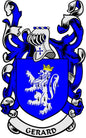 Gerard family crest coat arms magnet with blue shield and white lion, black banner text GERARD