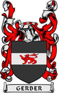 Gerber coat of arms pinback badge with red griffin shield and white banner reading GERBER