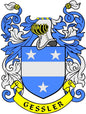 Gessler coat of arms magnet: blue shield with stars and white ribbon, 3-inch