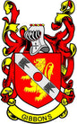 Family crest pinback with red, yellow, and white shield and GIBBONS text at bottom