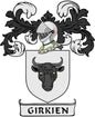 Family crest coat of arms magnet with shield, helmet, black bull head and GIRKIEN text