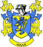 Blue and yellow family crest coat of arms magnet with shield, lion, and 'Gould' banner