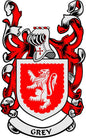 Family crest coat of arms pinback with red lion and grey ribbon