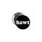 Hawt 1.25-inch pinback button with black front and white hawt logo, silver back pin