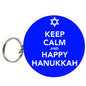 Blue round metal keychain with 'Keep Calm and Happy Hanukkah' and Star of David