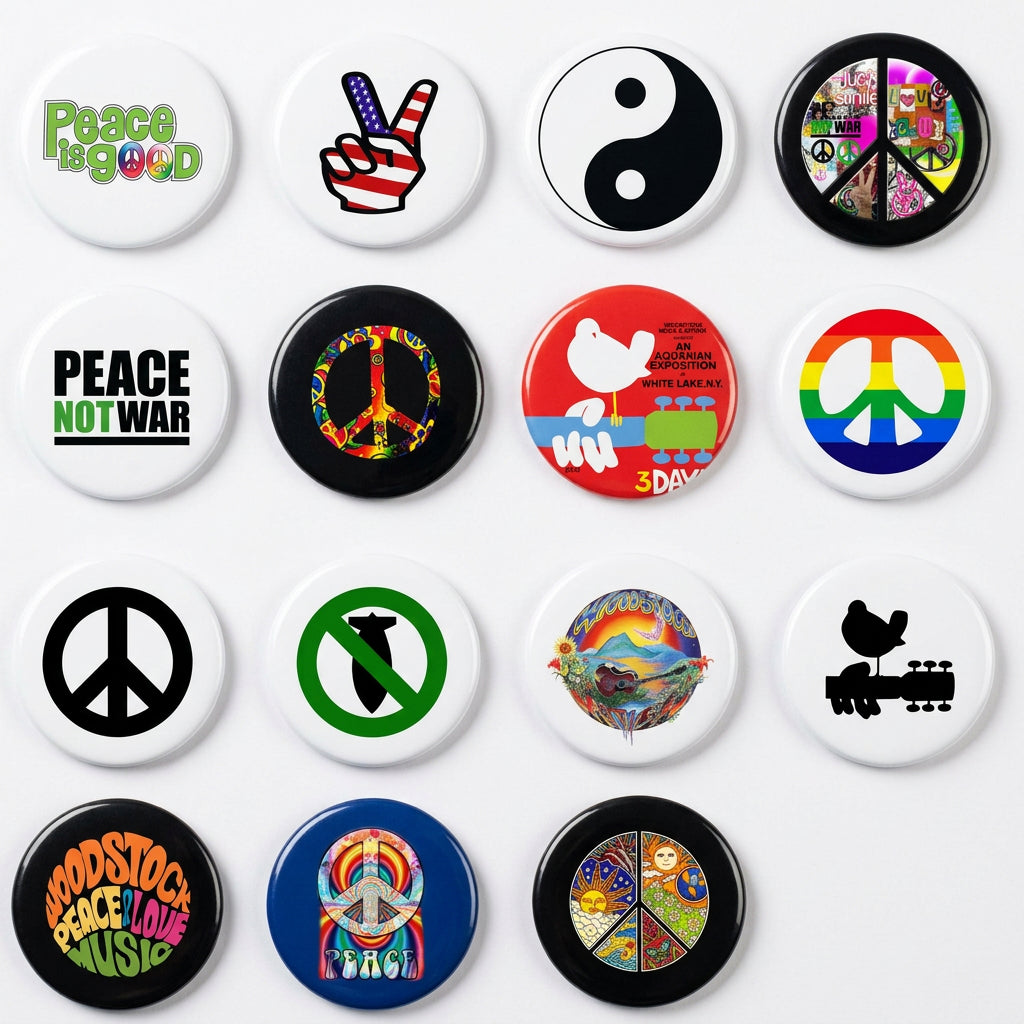 A grid of 15 circular peace-themed graphic designs on a white background, including symbols, text, and colorful patterns such as 'Peace is good,' 'PEACE NOT WAR,' rainbow peace signs, and music-related motifs.