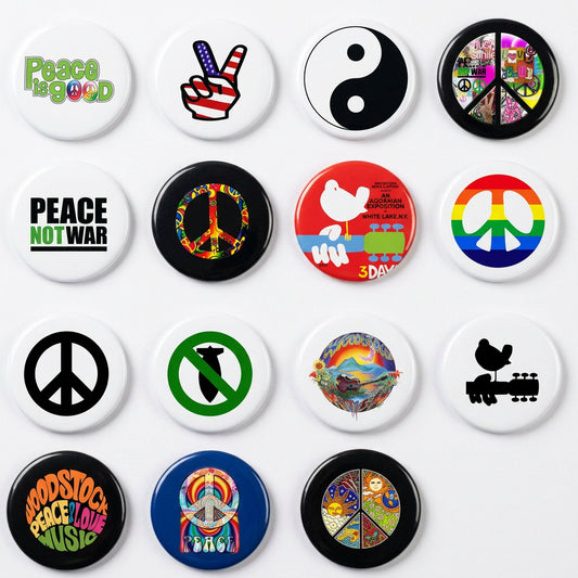 A grid of 15 circular peace-themed graphic designs on a white background, including symbols, text, and colorful patterns such as 'Peace is good,' 'PEACE NOT WAR,' rainbow peace signs, and music-related motifs.