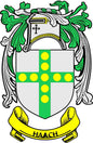 Haach coat of arms pinback: white shield with green cross and yellow ribbon