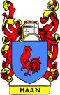 Coat of arms magnet with blue shield, red rooster, and HAAN banner, red-and-yellow supporters