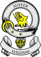 Round family crest coat of arms magnet, yellow and black with text SUFFER and HALDANE