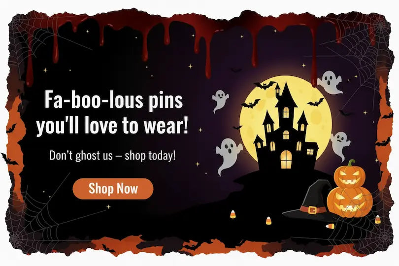 Halloween-themed promotional graphic with a haunted house, full moon, ghosts, pumpkins, and spiderwebs on a dark background, plus text reading 'Fa-boo-lous pins you'll love to wear!' and a 'Shop Now' button.