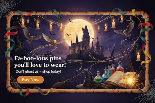 Halloween-themed promotional graphic with a dark purple background, a large full moon, Hogwarts castle, bats, candles, potion bottles, an open book, and text reading 'Fa-boo-lous pins you'll love to wear! Don't ghost us – shop today!' with a 'Buy Now' button.