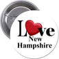 I Love New Hampshire pinback button with red heart and Love text, 2.25-inch