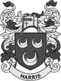 Harris family crest pinback with black-and-white shield design and "HARRIS" text