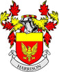 Harrison family crest coat of arms pinback with red shield, eagle, and banner