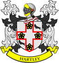 Coat of arms pinback with black, white, and red cross crest and HARTLEY banner