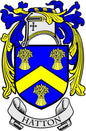Hatton coat of arms pinback badge with blue and yellow shield and Hatton banner