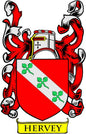 Coat of arms pinback badge with red shield, white stripe, green crosses, and HERVEY text