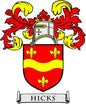 Hicks crest pinback with red/yellow shield, fleur-de-lis, and helmet