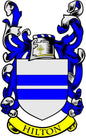 Coat of arms pinback badge with Hilton crest, blue lion supporters and striped shield