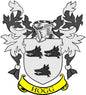 Hogg family crest magnet with shield, black boar heads, yellow banner.