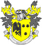 Family crest coat arms magnet, yellow and gray shield with Hottinga banner, 3-inch