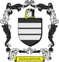 Enamel family crest pinback with black, gold, and white shield and banner details