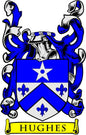 Hughes family crest arms magnet with blue shield, star, fleur-de-lis, and HUGHES scroll