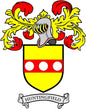 Family crest pinback with yellow shield, red top bands, white circles, and Huntingfield banner