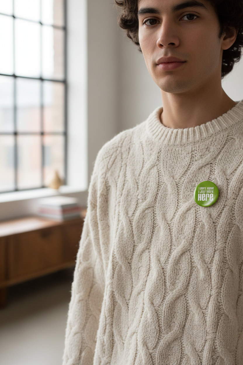 1.25-inch pinback button on cream cable knit sweater