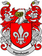 Family crest coat arms magnet with red shield, lion, and curling silver scrollwork
