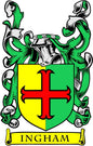 Family crest pinback badge with green wings, yellow shield, red cross, and INGHAM banner