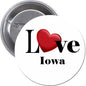 Round pinback button with “Love Iowa” text and a red heart