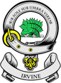 Irvine family crest enamel pinback, round silver border with green tree and yellow laurel.