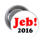 Round pinback button with 'Jeb! 2016' text in red and black on white