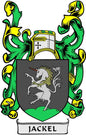 Jackel crest pinback badge with green and yellow shield, unicorn, and JACKEL text