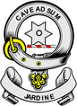 Jardine family crest pinback badge, circular coat of arms with yellow accents and ribbon