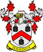Family crest pinback with red-and-black shield, urns, and "Jennings" ribbon