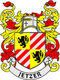 Family crest coat of arms magnet with shield, red stripes, gold lion, helmet, Jetzer