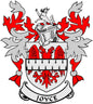 Joyce family crest pinback badge, white and red coat of arms with ribbon banner
