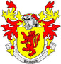 Keranguen family crest lapel pinback with yellow shield, red lion, black helmet and flames