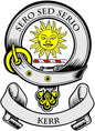 Kerr family crest coat arms magnet, circular design with sun, helmet, arms and KERR banner